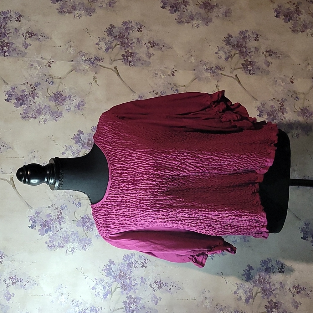 NWOT, Magenta short sleeved ruffled cropped pullover blouse, size 18.
